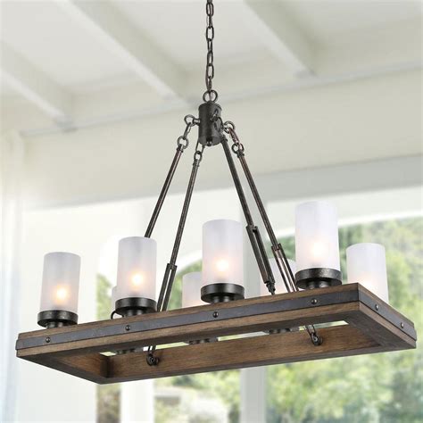 8-Light Farmhouse Chandelier Kitchen Island Light Fixture, Wood Chandeliers, Candle Pendant Light, Glass Lodge and Tavern Pendant Lighting 480W Max (Bulb Not Included) (Brown)