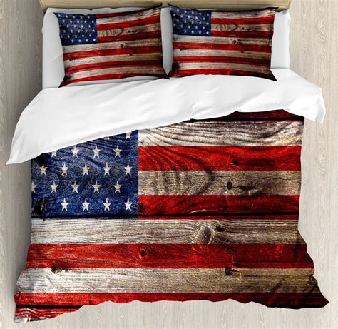 Buy 1 get 1 Ambesonne USA Bedspread, Fourth of July Independence Day Weathered Retro Wood Wall Looking Country Emblem, Decorative Quilted 3 Piece Coverlet Set with 2 Pillow Shams, Queen Size, Blue Scarlet
