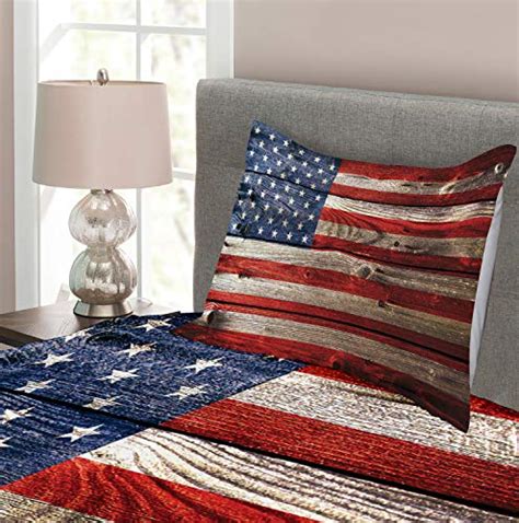 Buy 1 get 1 Ambesonne USA Bedspread, Fourth of July Independence Day Weathered Retro Wood Wall Looking Country Emblem, Decorative Quilted 3 Piece Coverlet Set with 2 Pillow Shams, Queen Size, Blue Scarlet