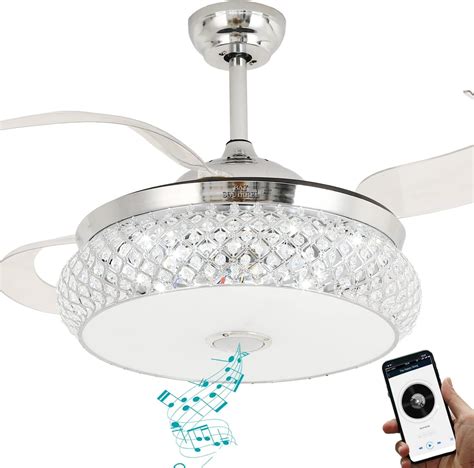 BAYSQUIRREL Retractable Ceiling Fan with Light and Bluetooth Speaker, Silent Motor Bluetooth Fan Chandelier with Remote Control 7 Changing Color 36W (42 Inch, Silver)