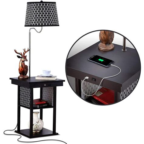 Brightech Madison - Narrow Nightstand with Built in Lamp, USB Port & Shelves for Bedrooms - Mid Century Modern End Table & Attached Floor Lamp for Living Rooms - Side Table & Reading Light - Black