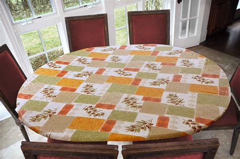 Elastic Edged Flannel Backed Vinyl Fitted Table Cover - Olive Patch Pattern - Oblong/Oval - Fits Tables up to 48" x 68"
