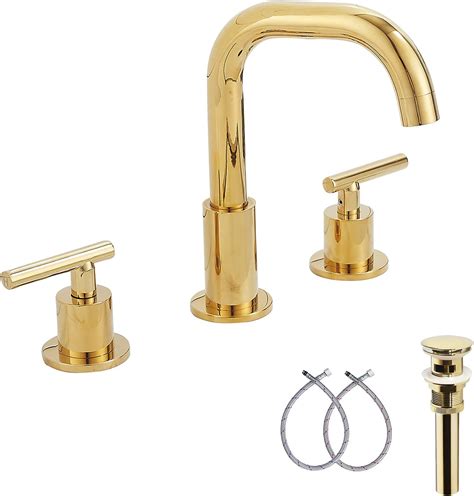 GGStudy 360° Swivel Spout Two Handles 3 Holes 8-16 inch Widespread Bathroom Sink Faucet Gold Finish Matching with Pop Up Drain