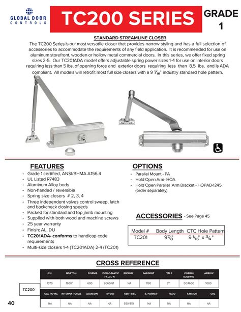 Global Door Controls TC201-DU Compact Commercial Door Closer in Duronotic with Adjustable Spring Tension - Sizes 1-4
