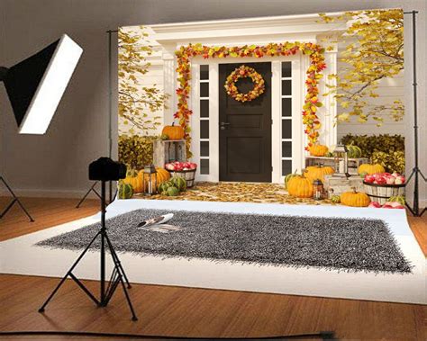 Flash Deals - 40% OFF Laeacco 8x6ft Vinyl Photography Backdrop Thanksgiving Decorations Outdoor White House Black Door Fall Leaves Garland Pumpkin Scene Photo Background Children Baby Adults Portraits Backdrop
