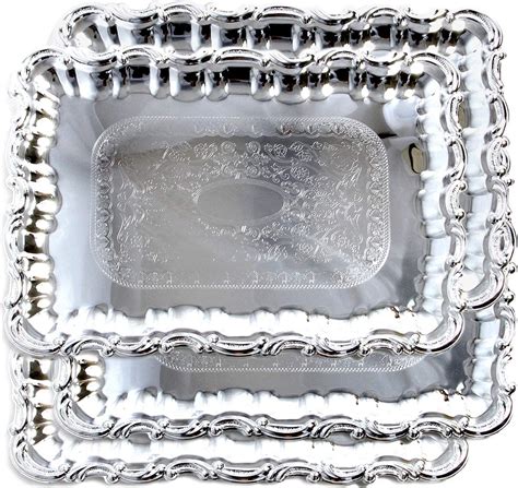 Maro Megastore (Pack of 4) 17.1-Inch x 14.2-Inch Rectangular Shape Chrome Plated Serving Deco Tray Floral Pattern Engraved Wedding Cake Party Food Buffet Dessert Snack Platter (Large) T191l-4pk