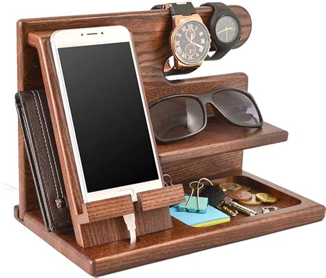 Mens Wood Phone Docking Station for Men , Nightstand Charging Station Organizer and Accessories , Anniversary Mens Gifts for Dad Men Husband