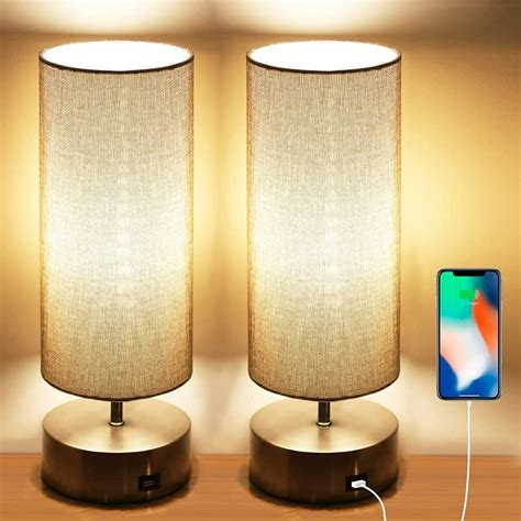 Set of 2 Touch Control Table Lamps Dimmable Desk Lamp with 2 USB Ports & AC Outlet Modern Beside Nightstand Lamp w/ White Fabric Shade Reading Lamp for Bedroom Living Room Office, Bulbs Included