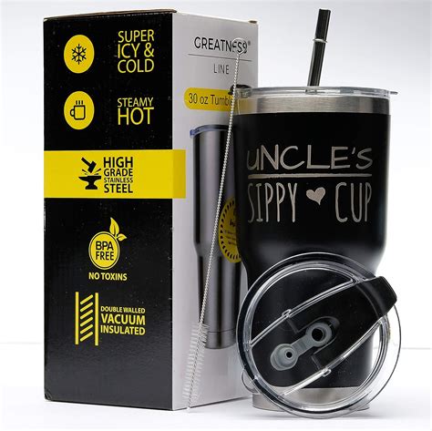 Uncle's Sippy cup 30 oz. Black SS Tumbler Value Pack with 2 Lids and Extra SS Straw - Ideal Gift for Soon to Be Uncles - Powder Coating and Laser Engraved